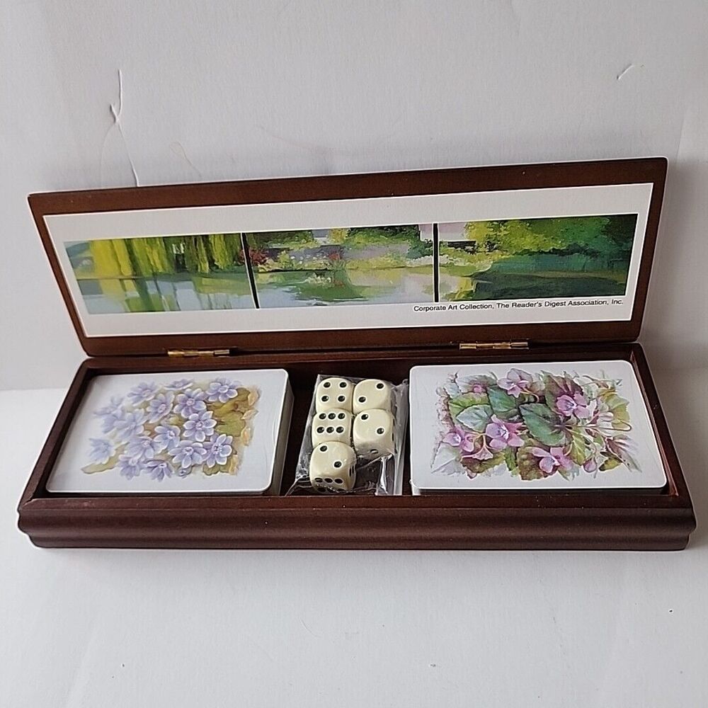 Readers Digest Boxed 2 Sets Playing Cards Dice New Wooden Box Unopened S…